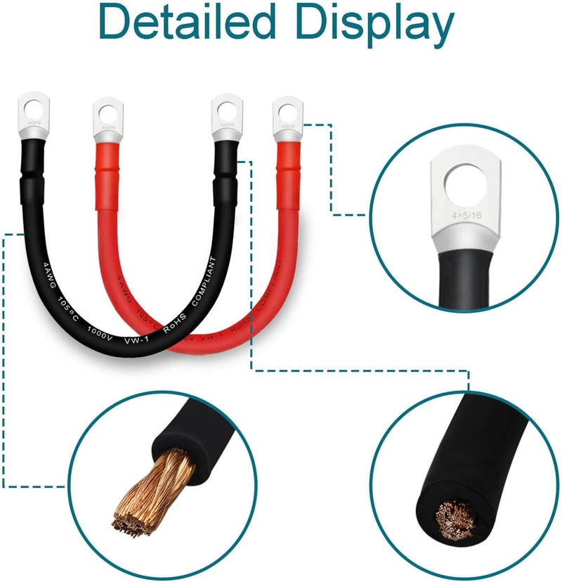 QIATOL كابل بطارية، كابلات بطارية 4 AWG مع أطراف، 4 قطع كابلات بطارية نحاسية (1 قدم). - Image 5